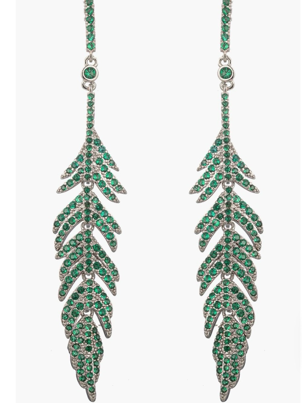 Emerald Green Crystal Feather Drop Earrings -
